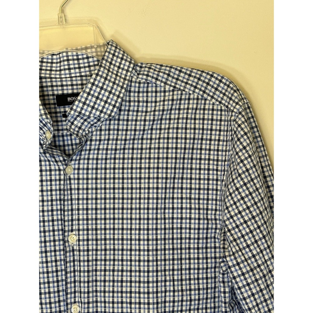 Boss Hugo Boss Men's Blue Check Long Sleeve Sharp Fit Button Up Shirt 17.5 34/35
